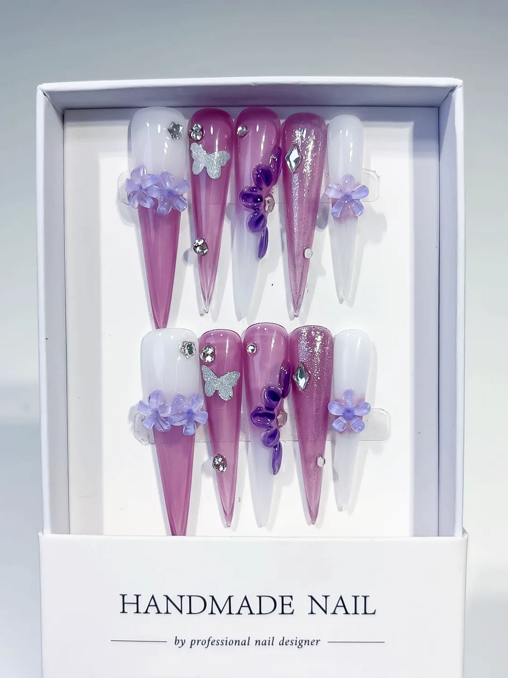 JSA16 - Long Purple Pink Stiletto Glitter Flower Butterfly