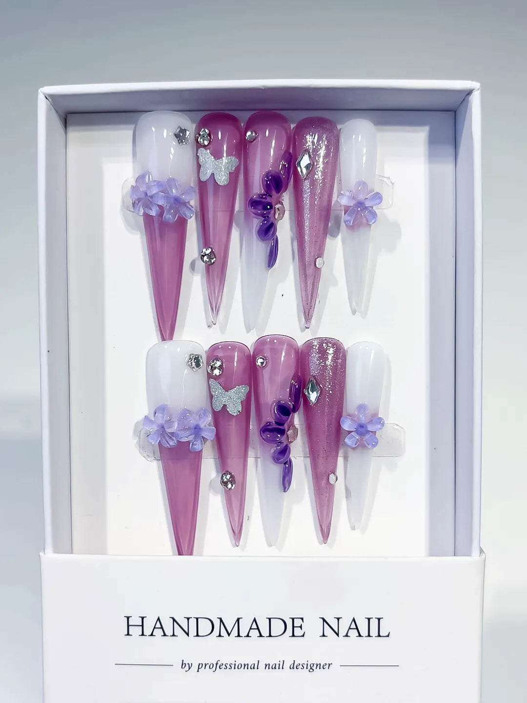 JSA16 - Long Purple Pink Stiletto Glitter Flower Butterfly
