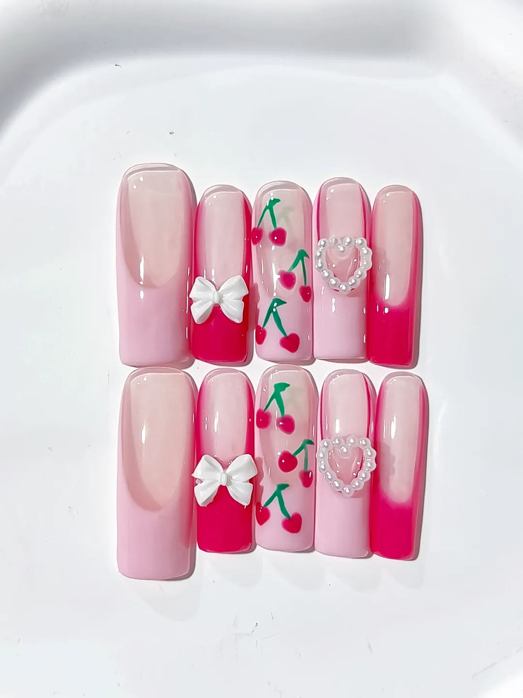 JSA17 - Long Pink White Square Floral Cherry Bow