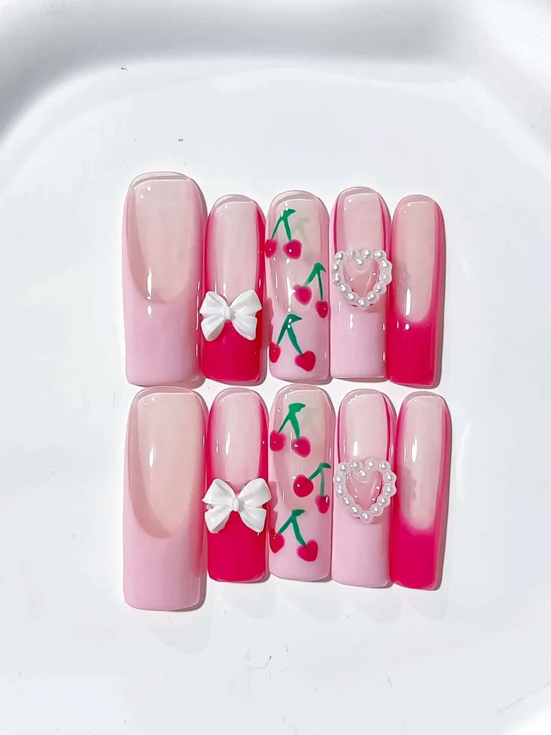 JSA17 - Long Pink White Square Floral Cherry Bow