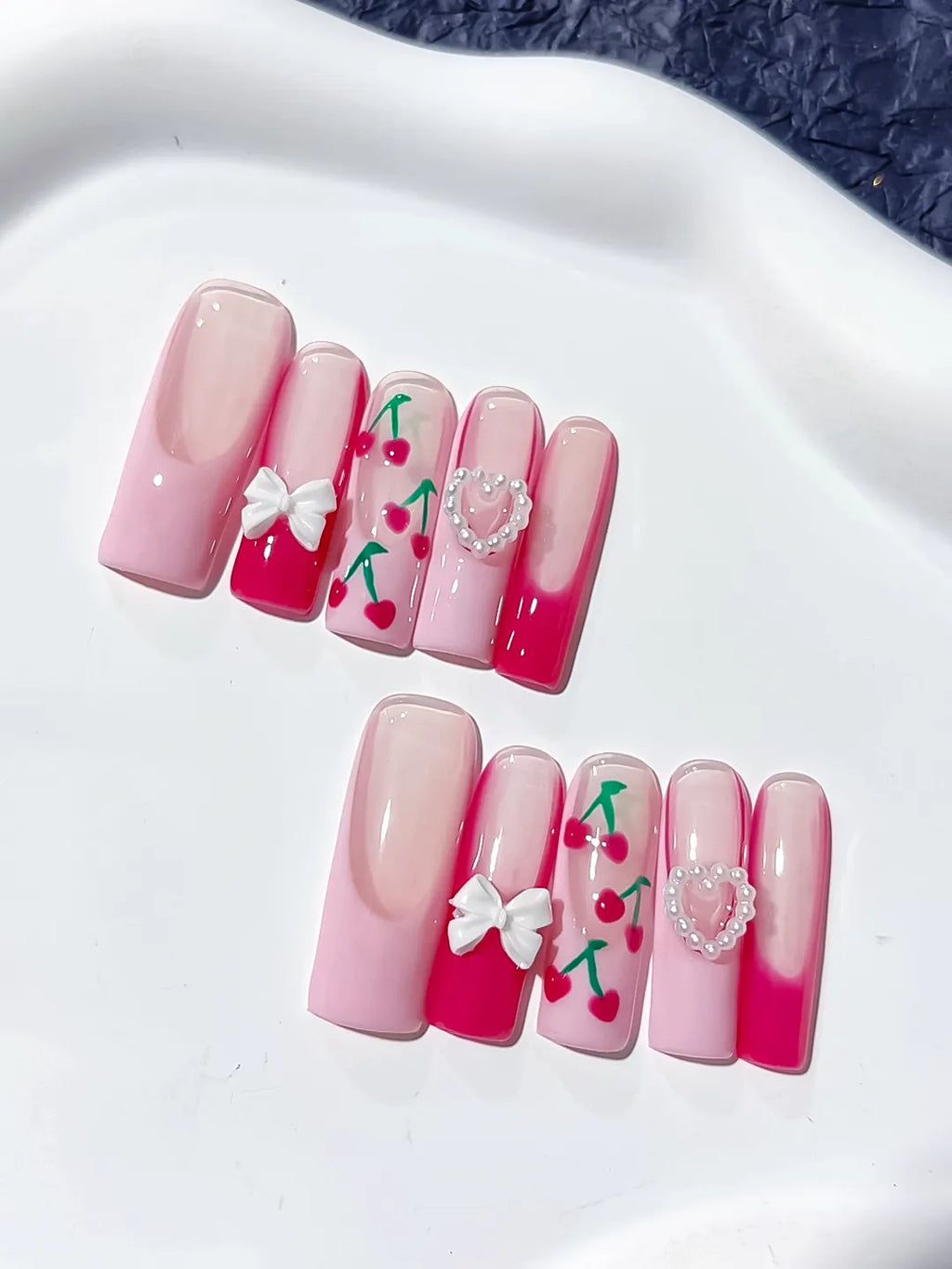 JSA17 - Long Pink White Square Floral Cherry Bow