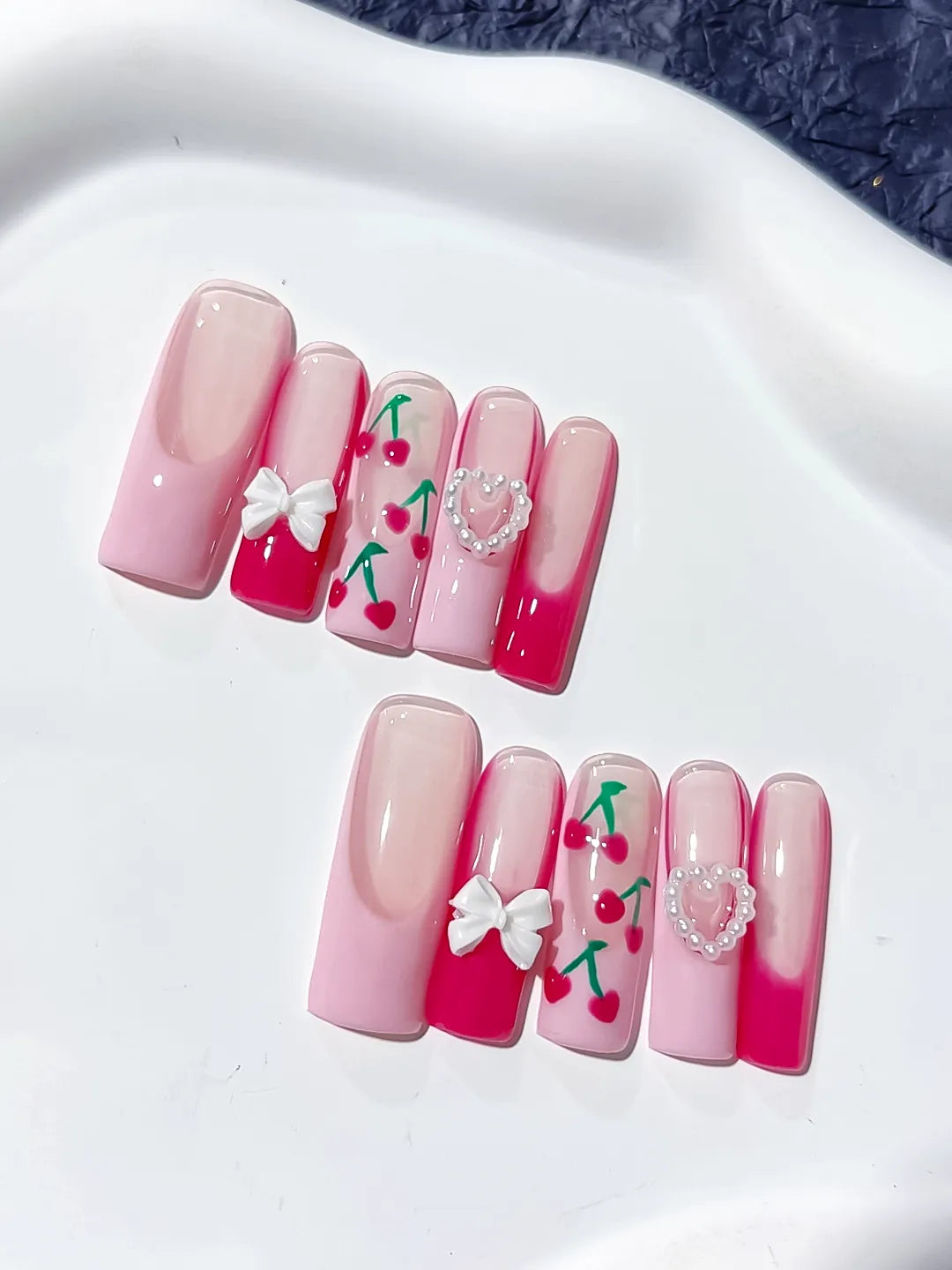 JSA17 - Long Pink White Square Floral Cherry Bow