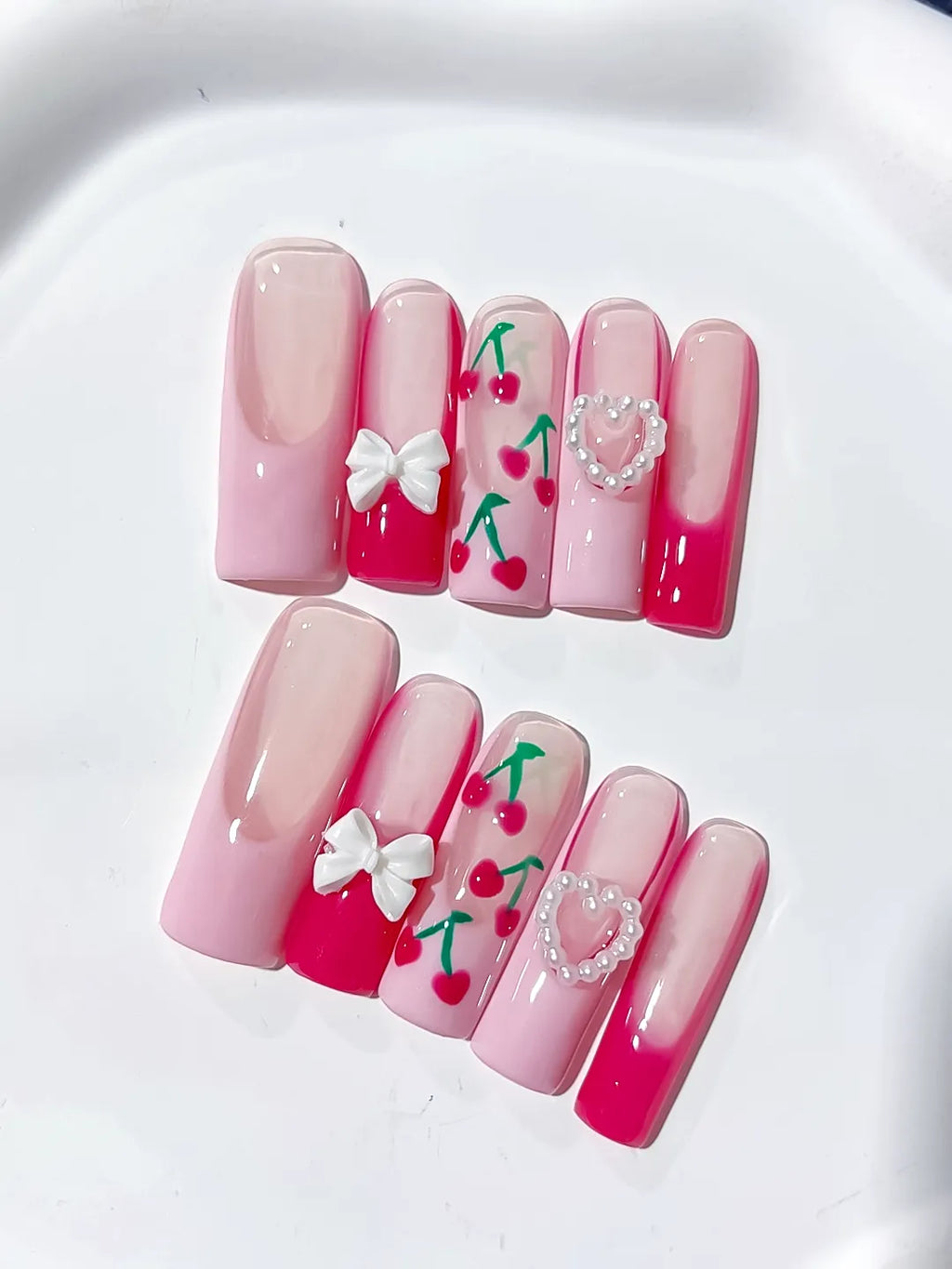 JSA17 - Long Pink White Square Floral Cherry Bow