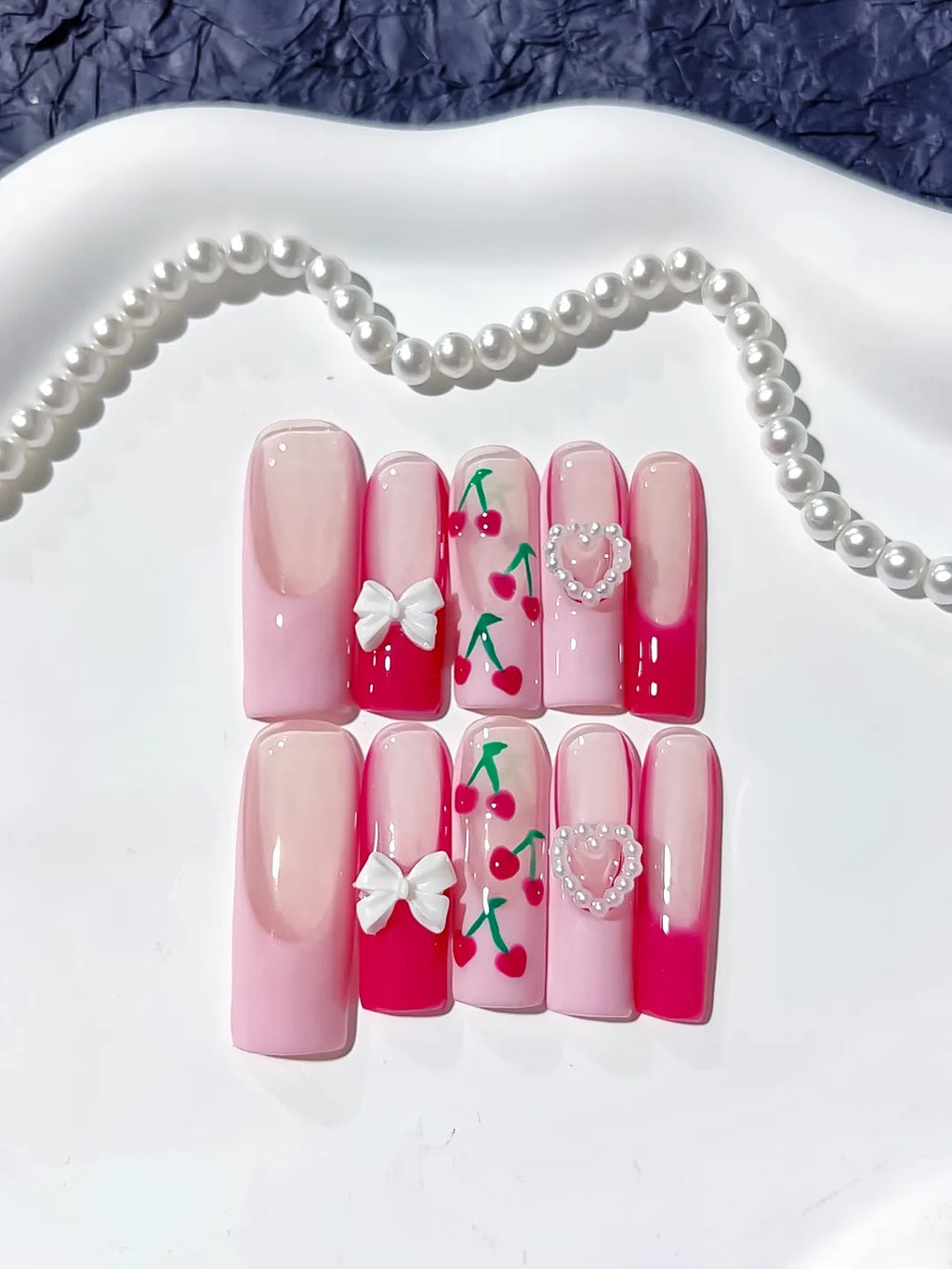 JSA17 - Long Pink White Square Floral Cherry Bow