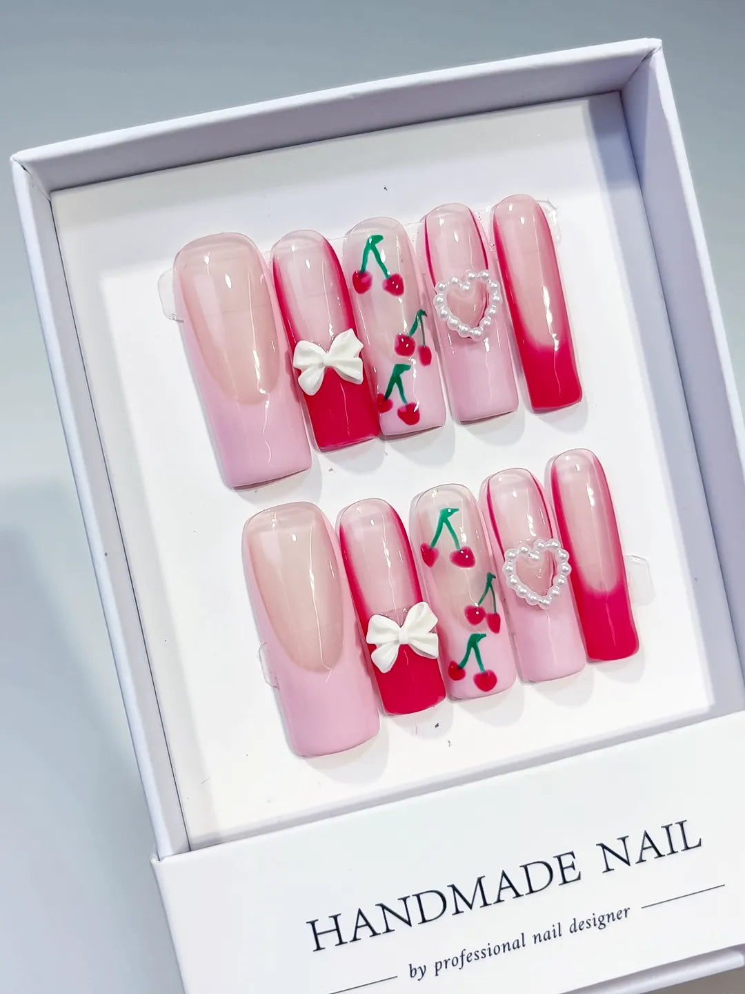 JSA17 - Long Pink White Square Floral Cherry Bow