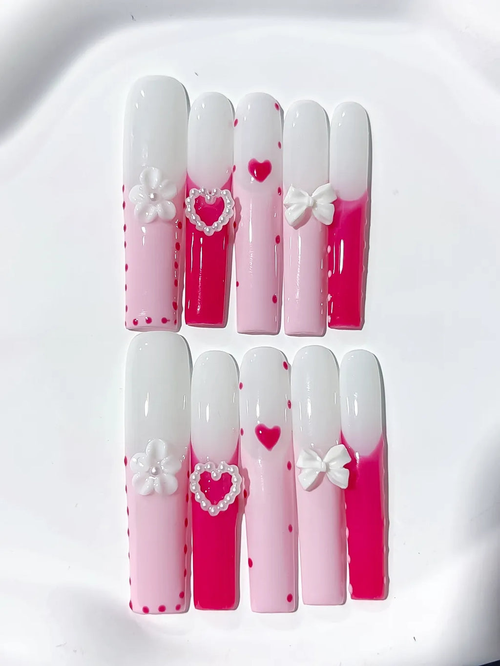 JSA18 - Long Pink White Square Ombre Heart Bow