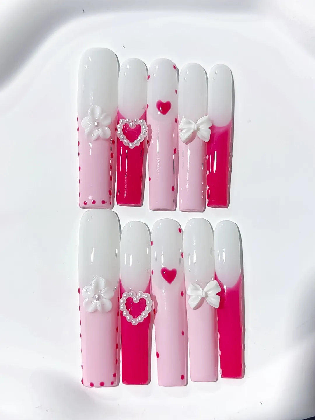 JSA18 - Long Pink White Square Ombre Heart Bow
