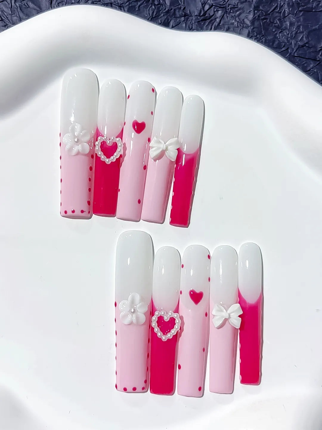 JSA18 - Long Pink White Square Ombre Heart Bow