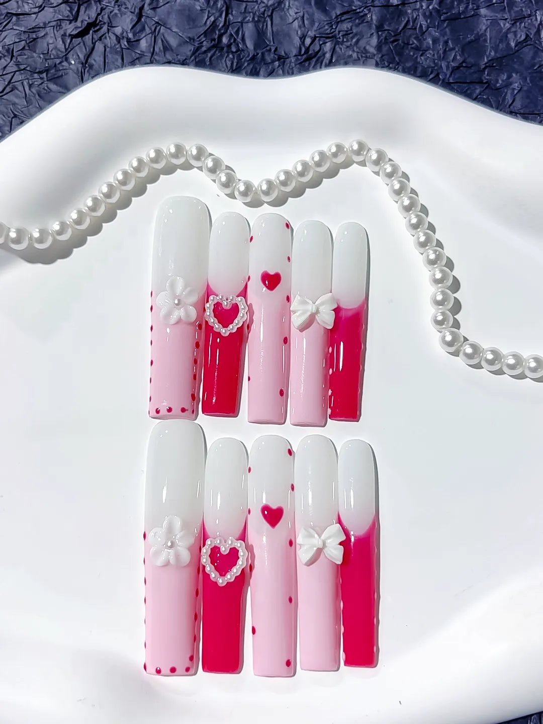 JSA18 - Long Pink White Square Ombre Heart Bow