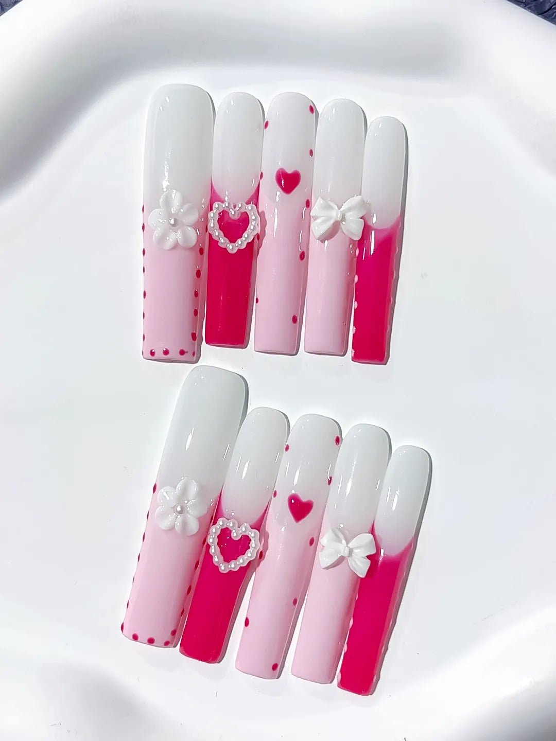 JSA18 - Long Pink White Square Ombre Heart Bow