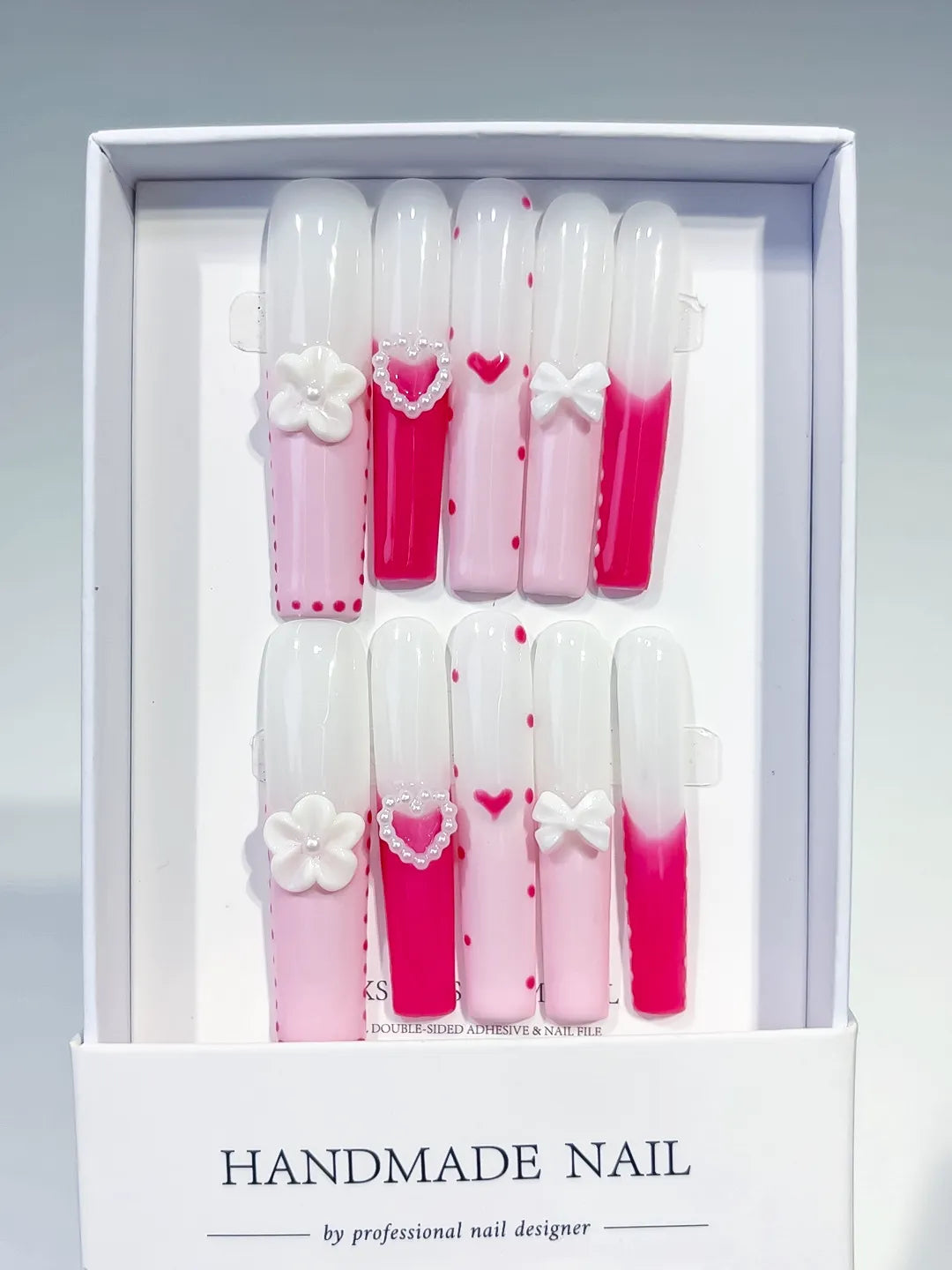 JSA18 - Long Pink White Square Ombre Heart Bow