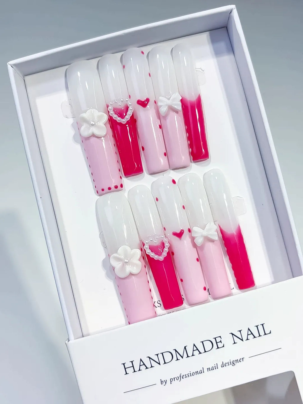 JSA18 - Long Pink White Square Ombre Heart Bow