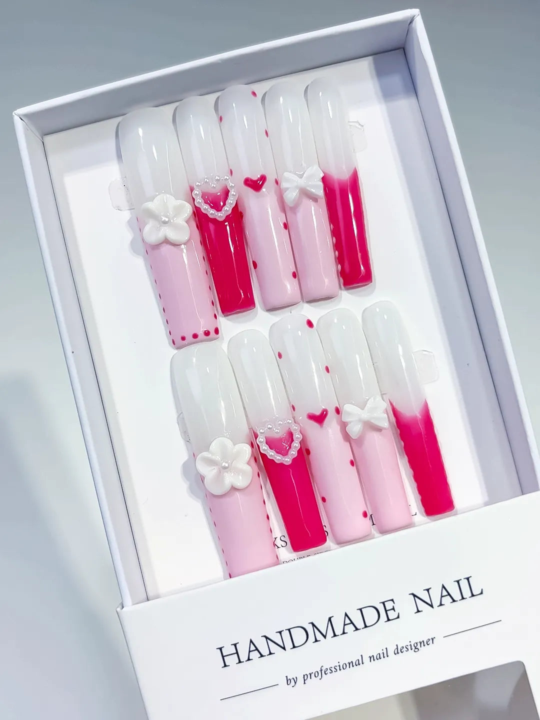 JSA18 - Long Pink White Square Ombre Heart Bow
