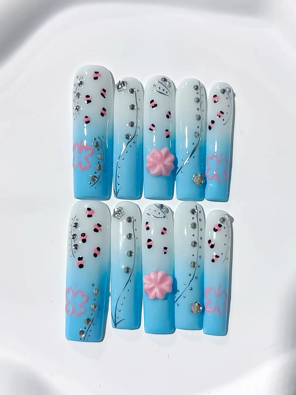 JSA19 - Long Blue White Square Ombre Flower Rhinestone