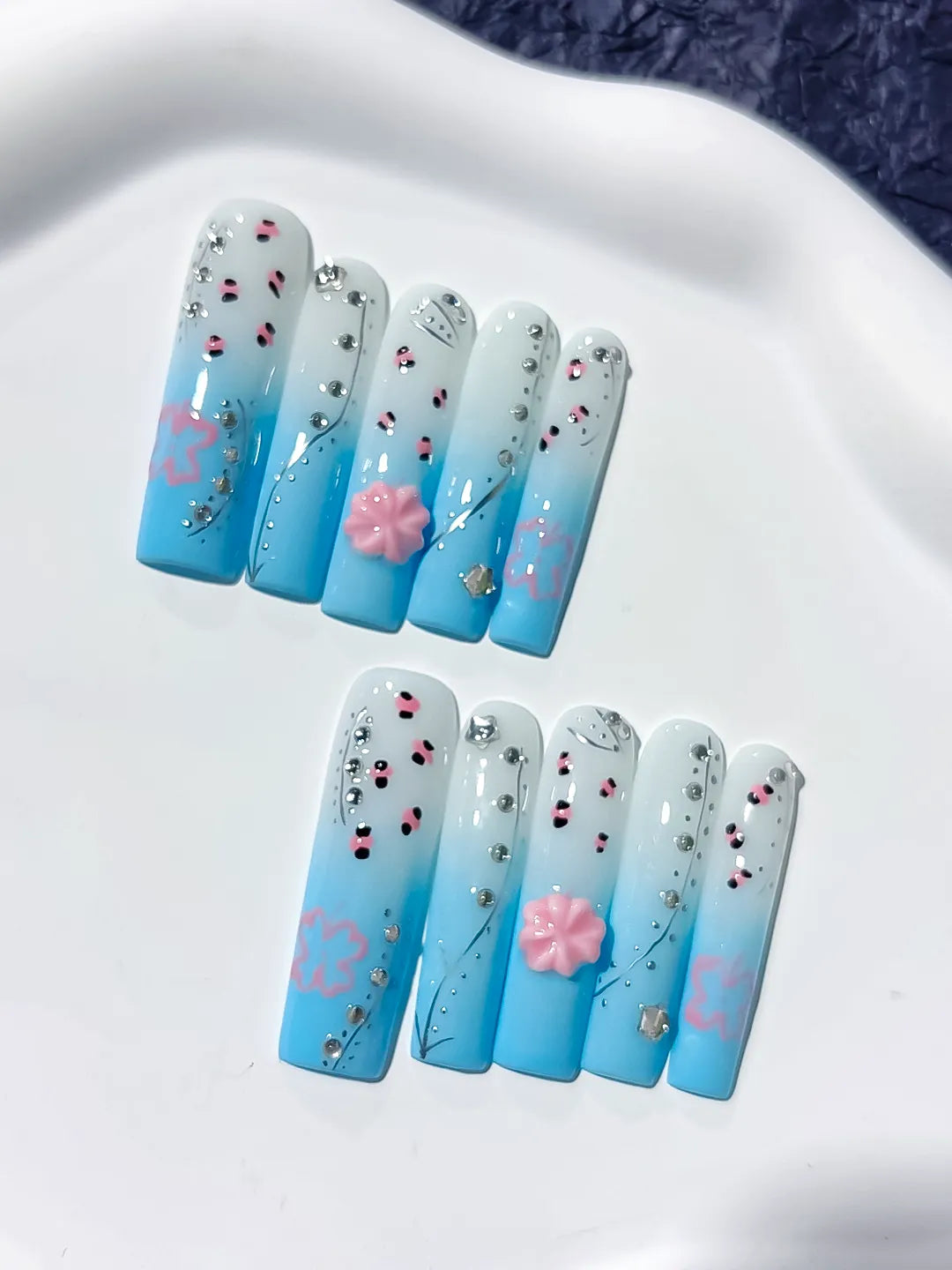JSA19 - Long Blue White Square Ombre Flower Rhinestone