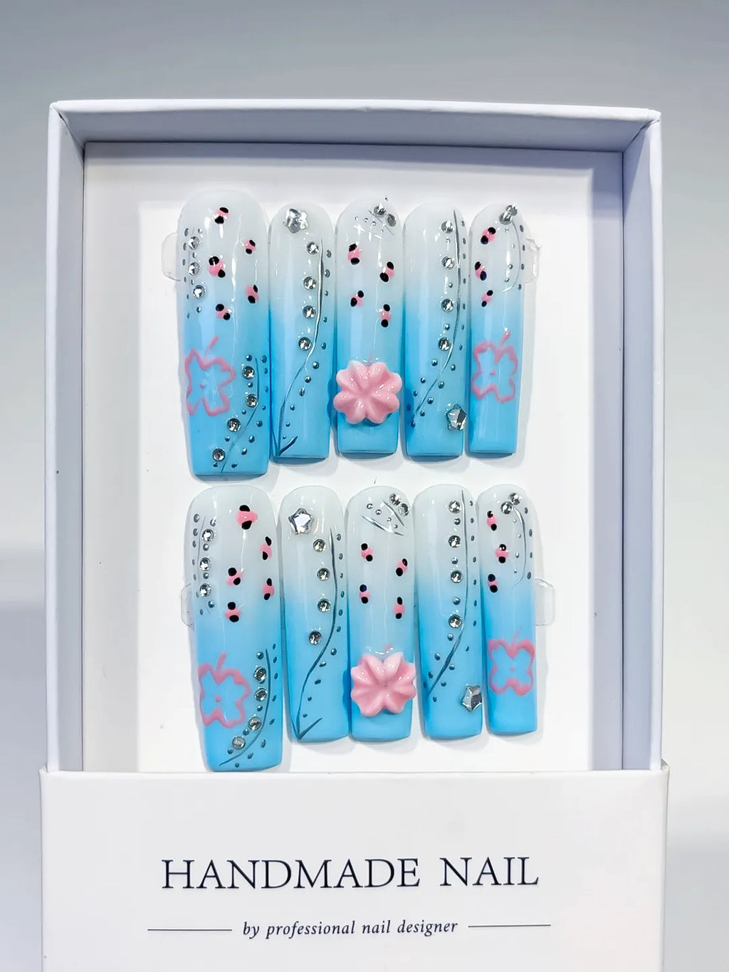 JSA19 - Long Blue White Square Ombre Flower Rhinestone