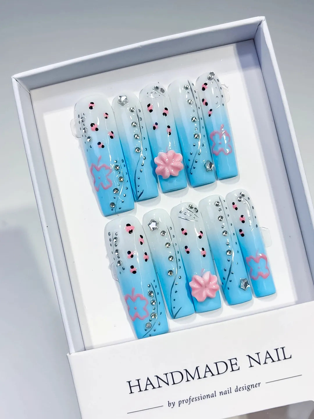 JSA19 - Long Blue White Square Ombre Flower Rhinestone