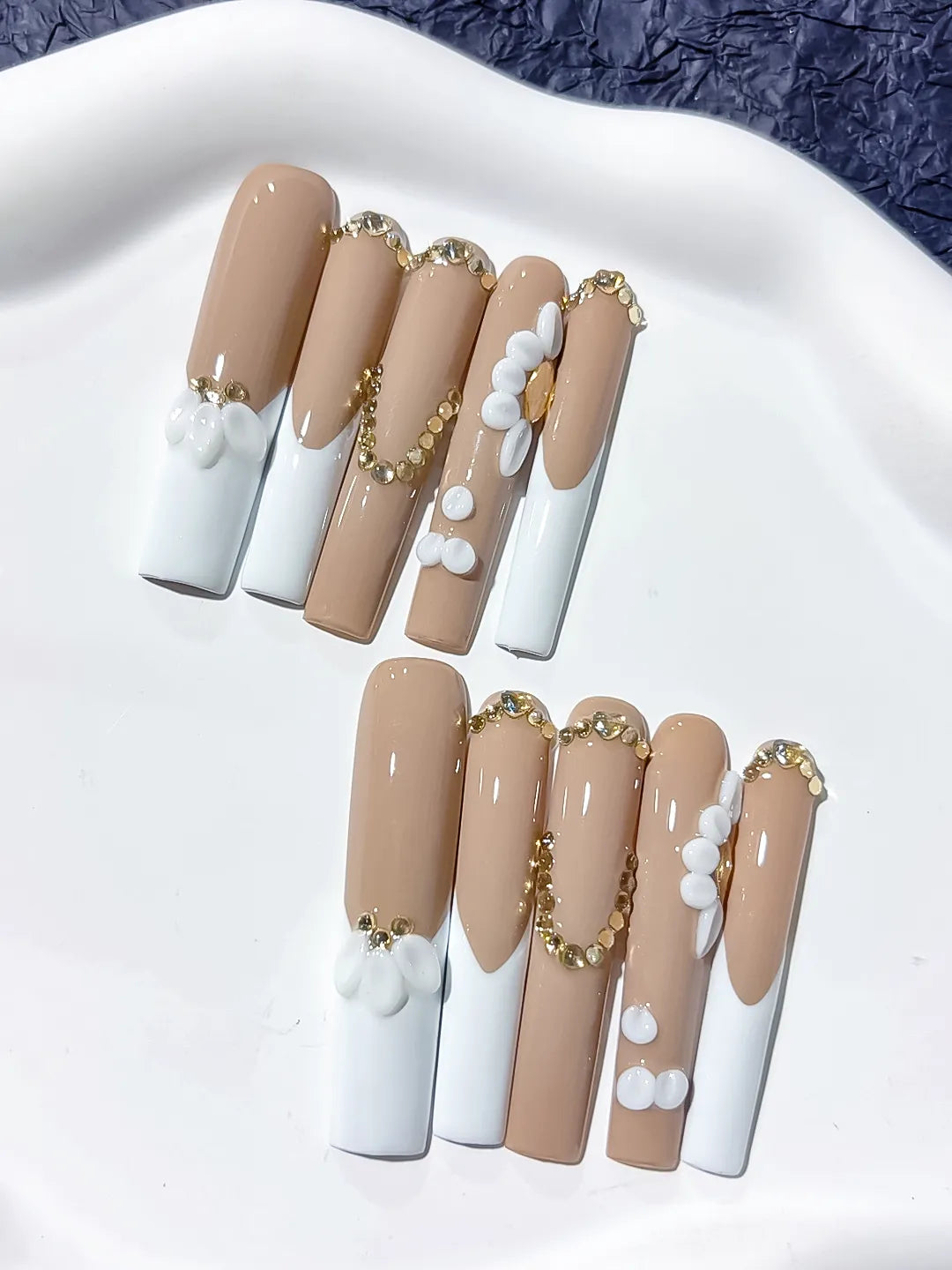 JSA21 - Long Nude White Square French tip Flower Pearl