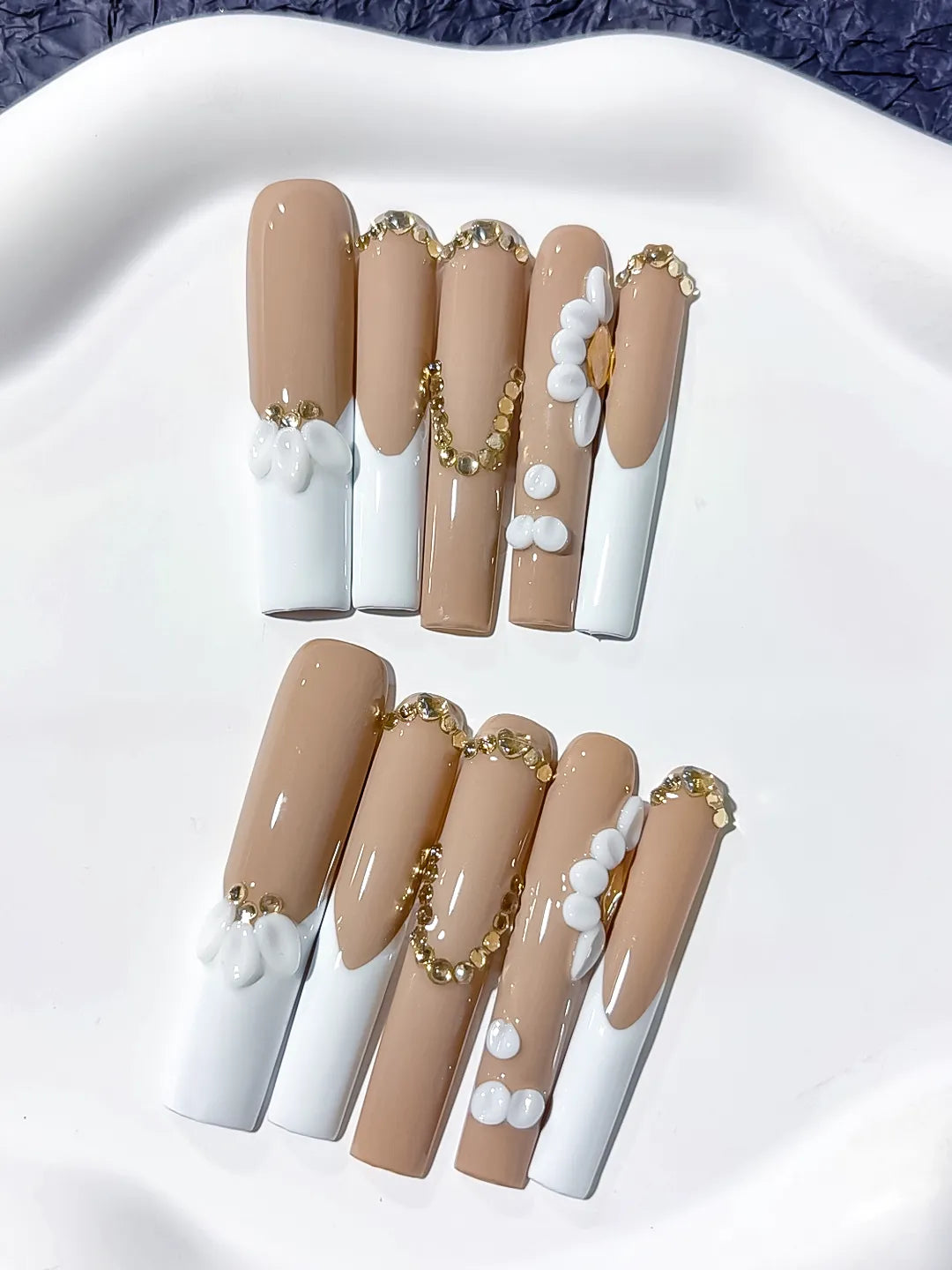 JSA21 - Long Nude White Square French tip Flower Pearl