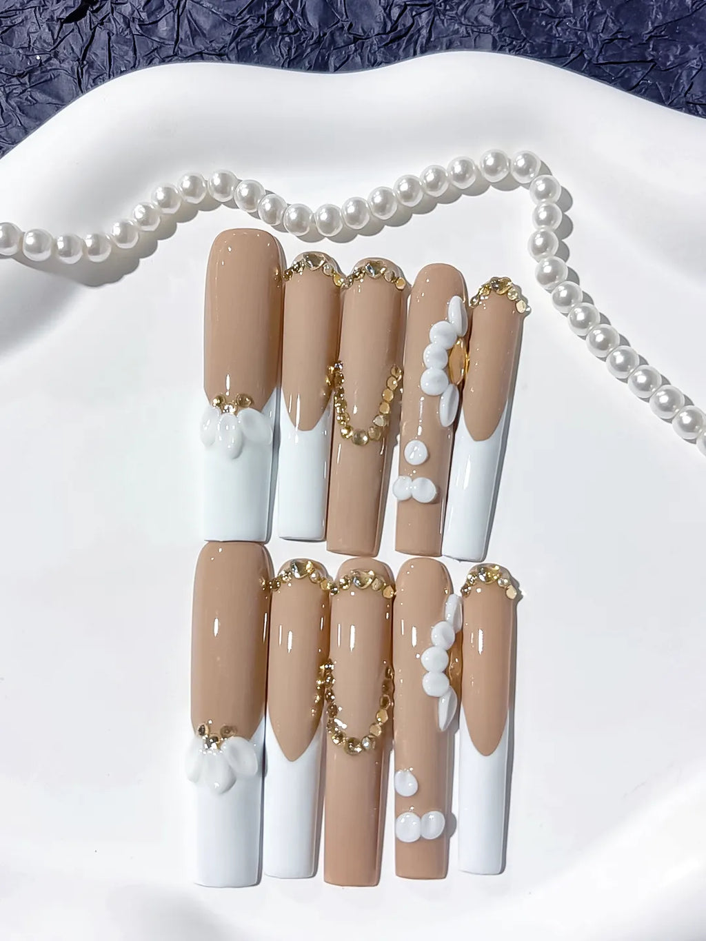 JSA21 - Long Nude White Square French tip Flower Pearl