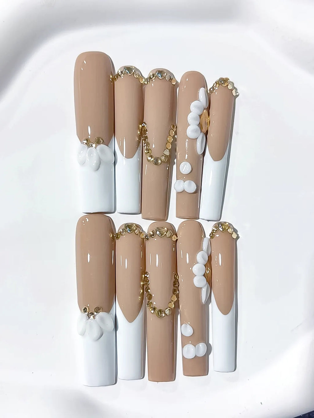 JSA21 - Long Nude White Square French tip Flower Pearl
