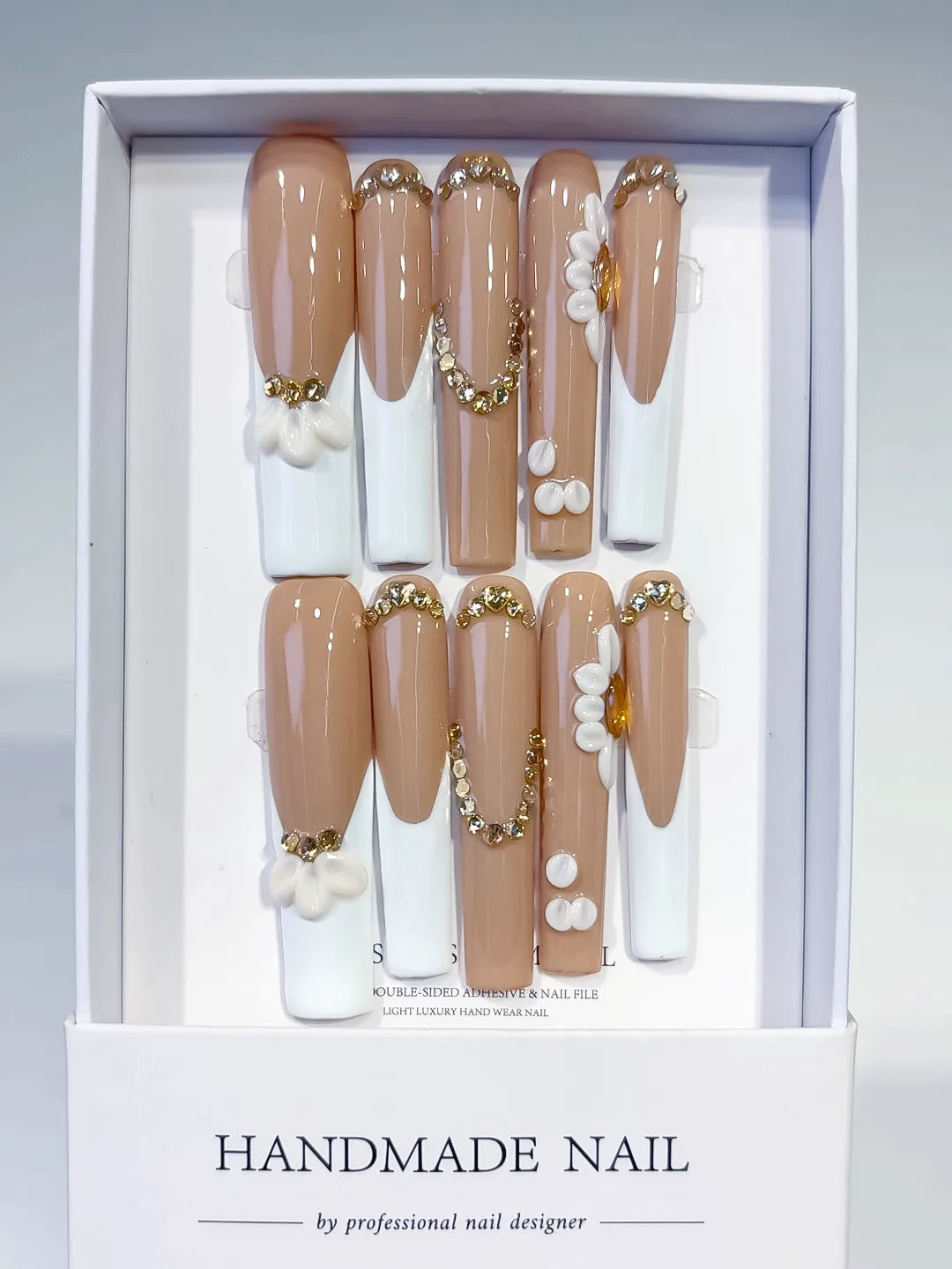 JSA21 - Long Nude White Square French tip Flower Pearl