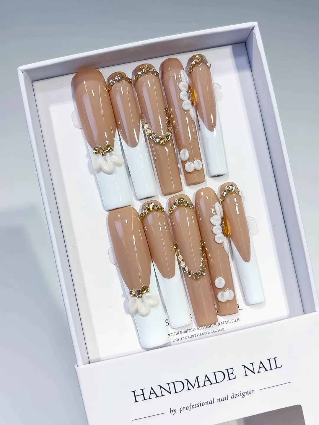 JSA21 - Long Nude White Square French tip Flower Pearl