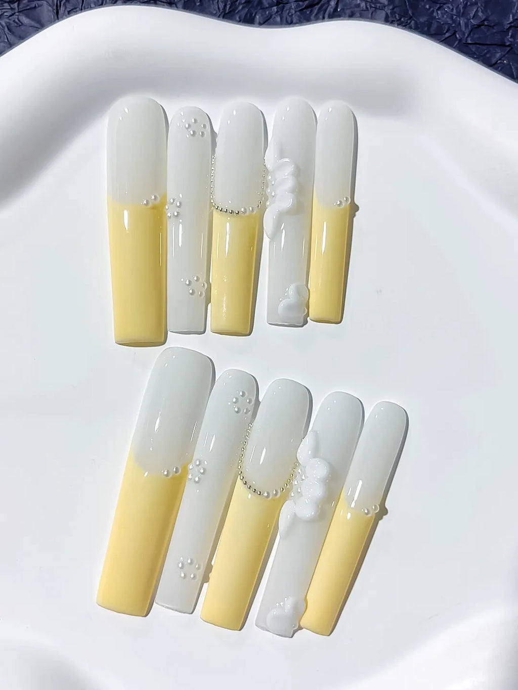 JSA22 - Long White Yellow Square French tip Flower Pearl