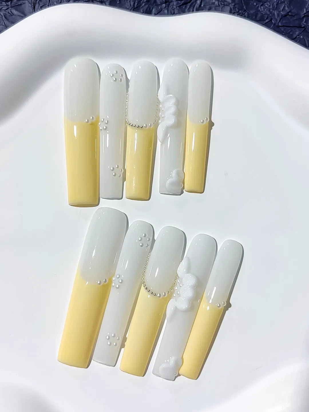 JSA22 - Long White Yellow Square French tip Flower Pearl