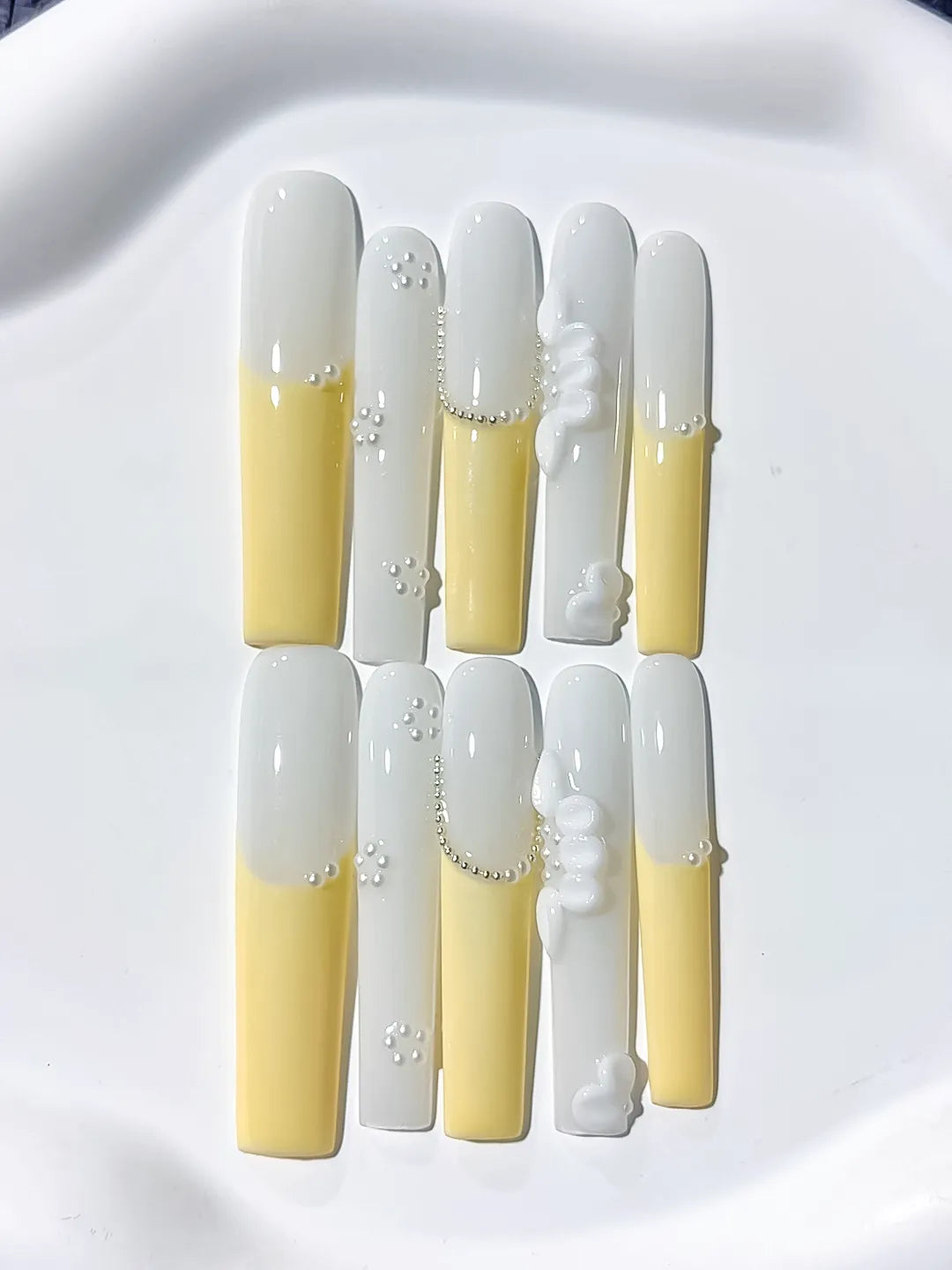 JSA22 - Long White Yellow Square French tip Flower Pearl