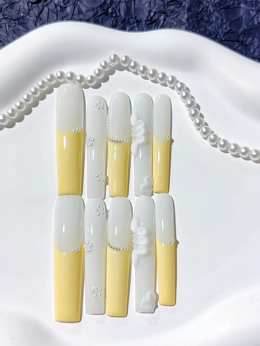JSA22 - Long White Yellow Square French tip Flower Pearl