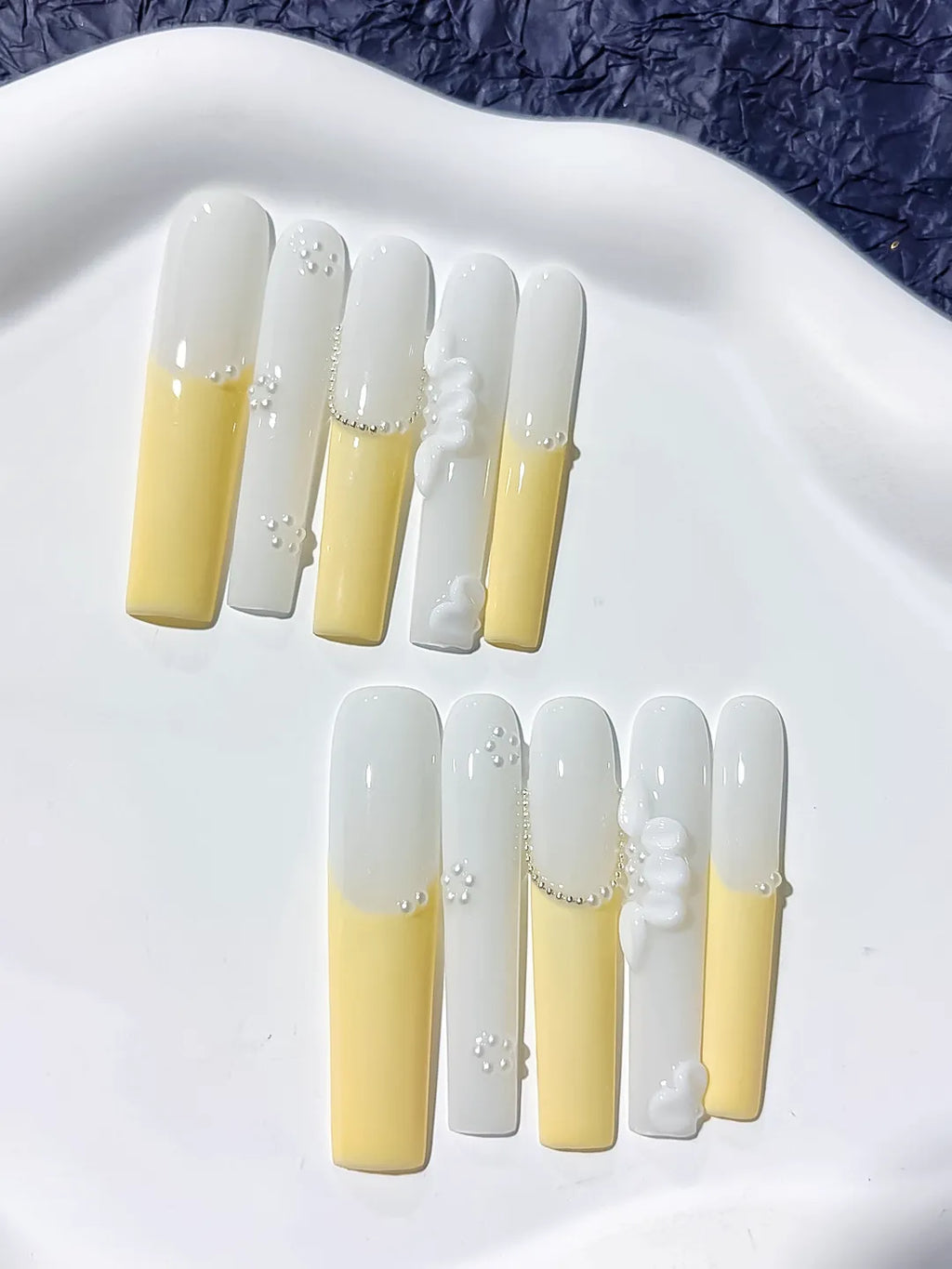JSA22 - Long White Yellow Square French tip Flower Pearl