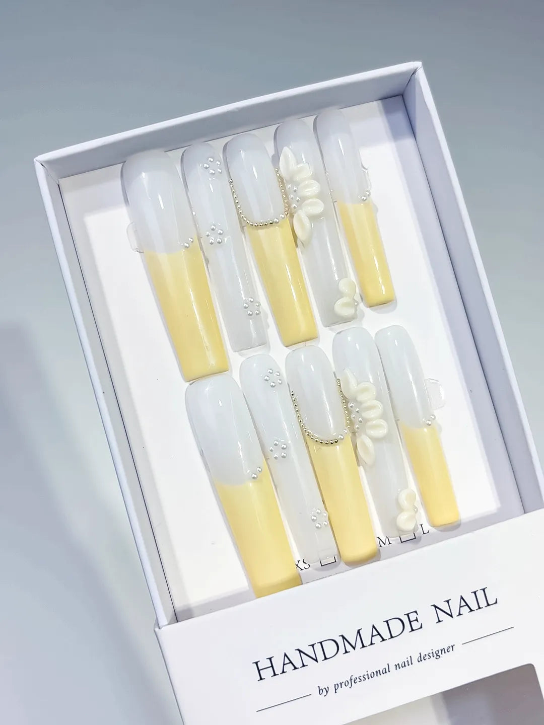 JSA22 - Long White Yellow Square French tip Flower Pearl