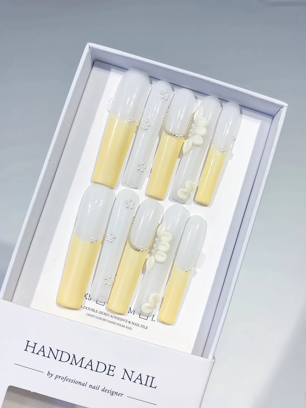 JSA22 - Long White Yellow Square French tip Flower Pearl