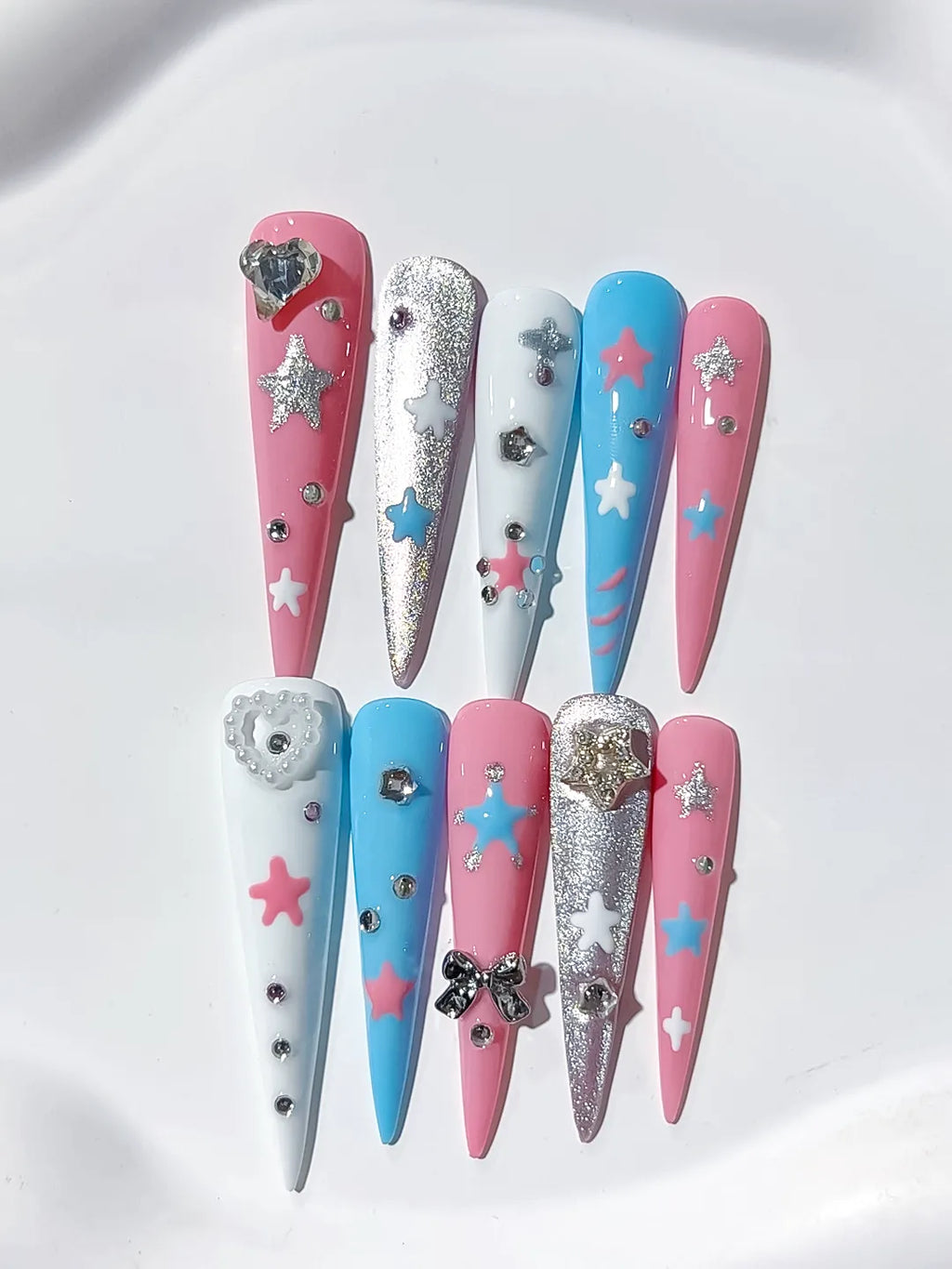 JSA23 - Long Pink Blue Stiletto Abstract Star Bow