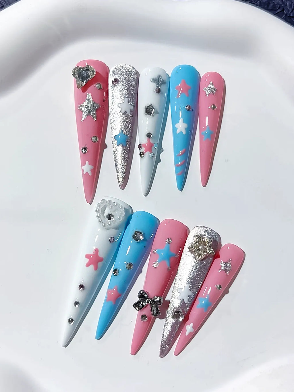 JSA23 - Long Pink Blue Stiletto Abstract Star Bow