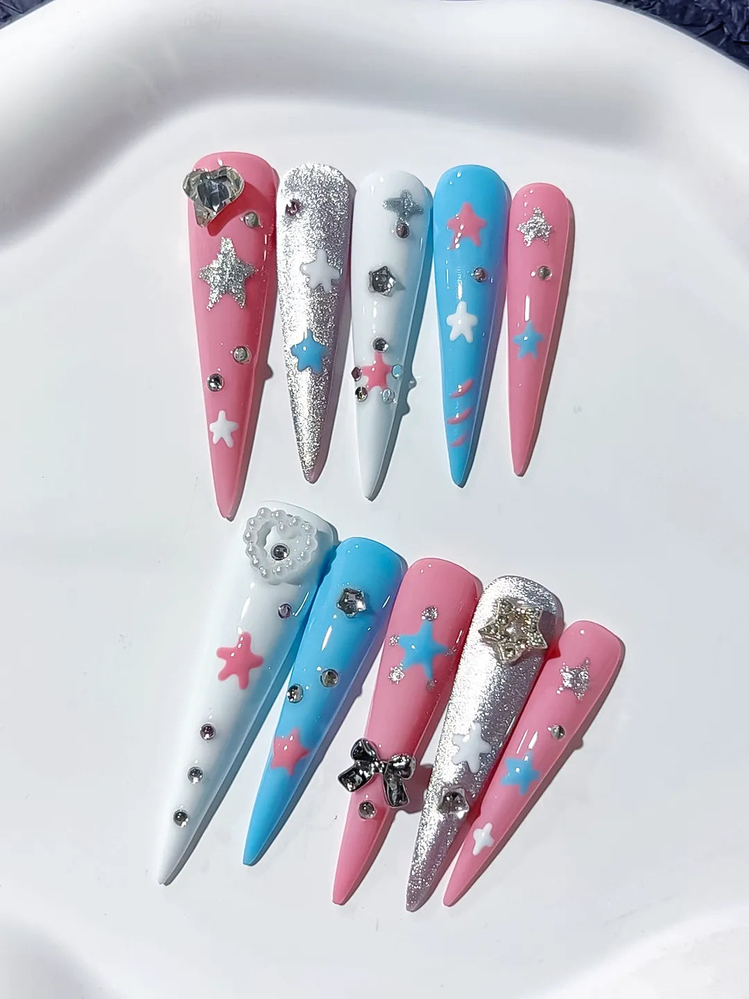 JSA23 - Long Pink Blue Stiletto Abstract Star Bow