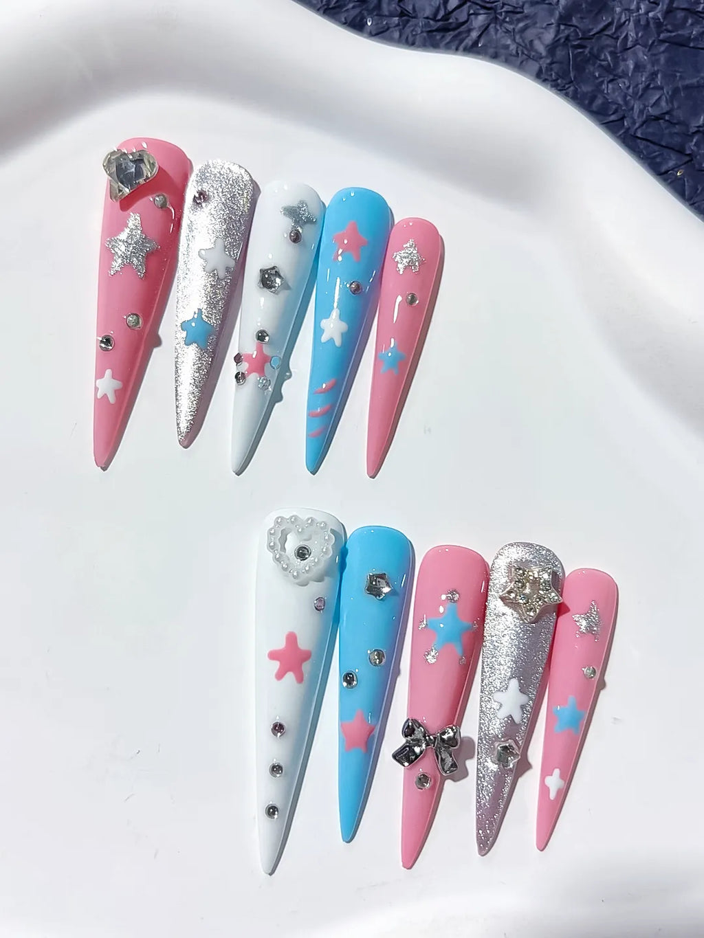 JSA23 - Long Pink Blue Stiletto Abstract Star Bow