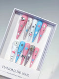 JSA23 - Long Pink Blue Stiletto Abstract Star Bow