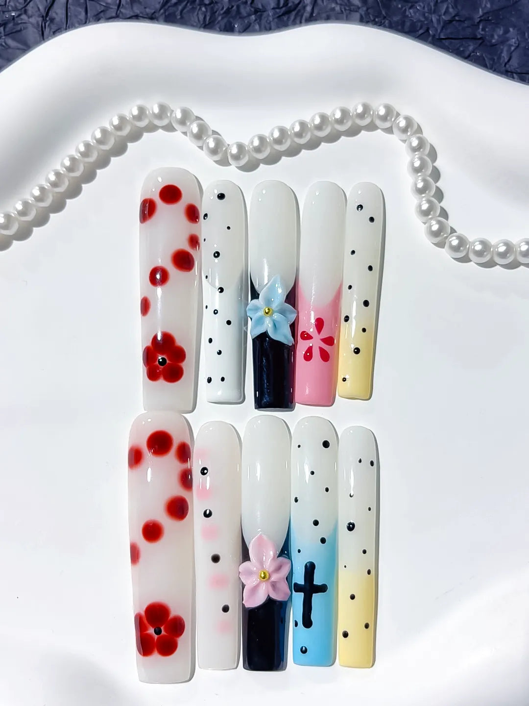 JSA25 - Long White Red Square Abstract Flower Cross