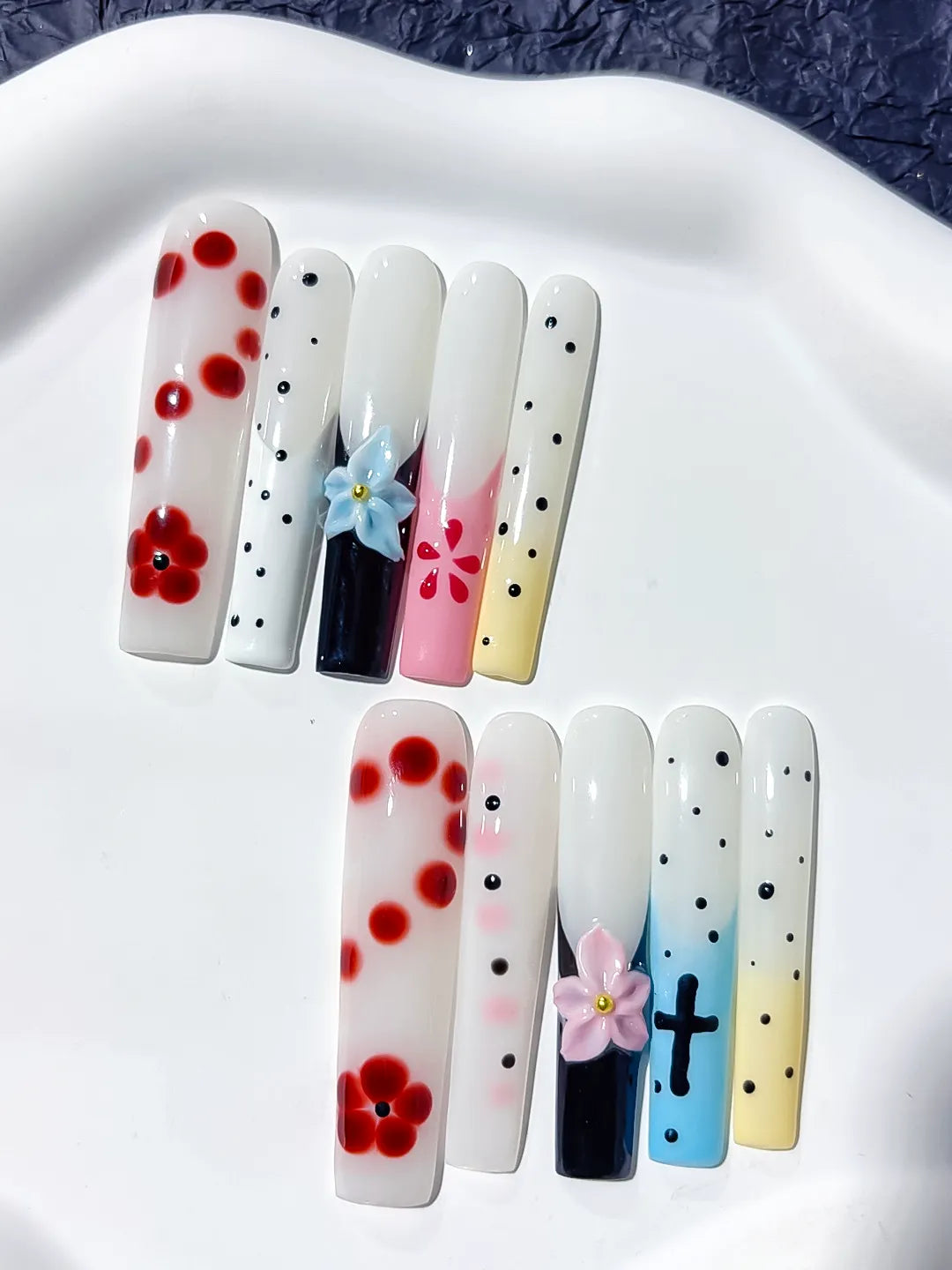 JSA25 - Long White Red Square Abstract Flower Cross