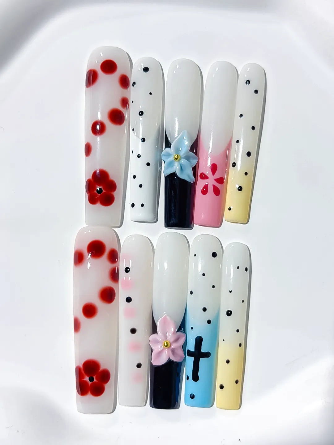 JSA25 - Long White Red Square Abstract Flower Cross