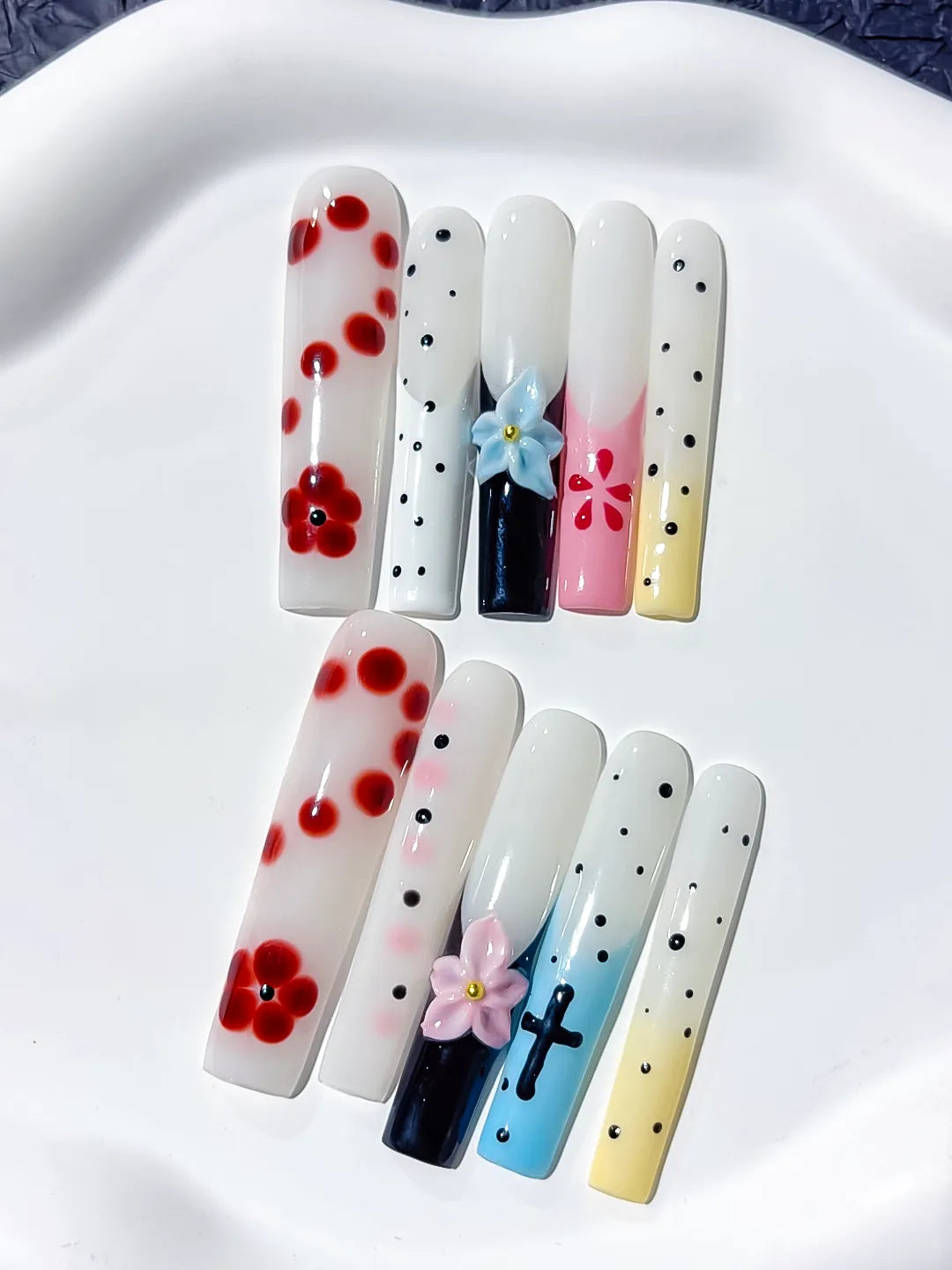 JSA25 - Long White Red Square Abstract Flower Cross