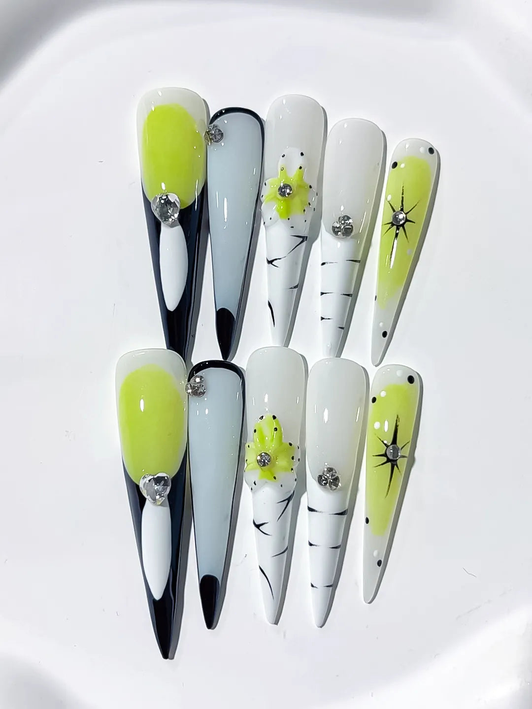 JSA26 - Long Green White Stiletto Abstract Flower Rhinestone