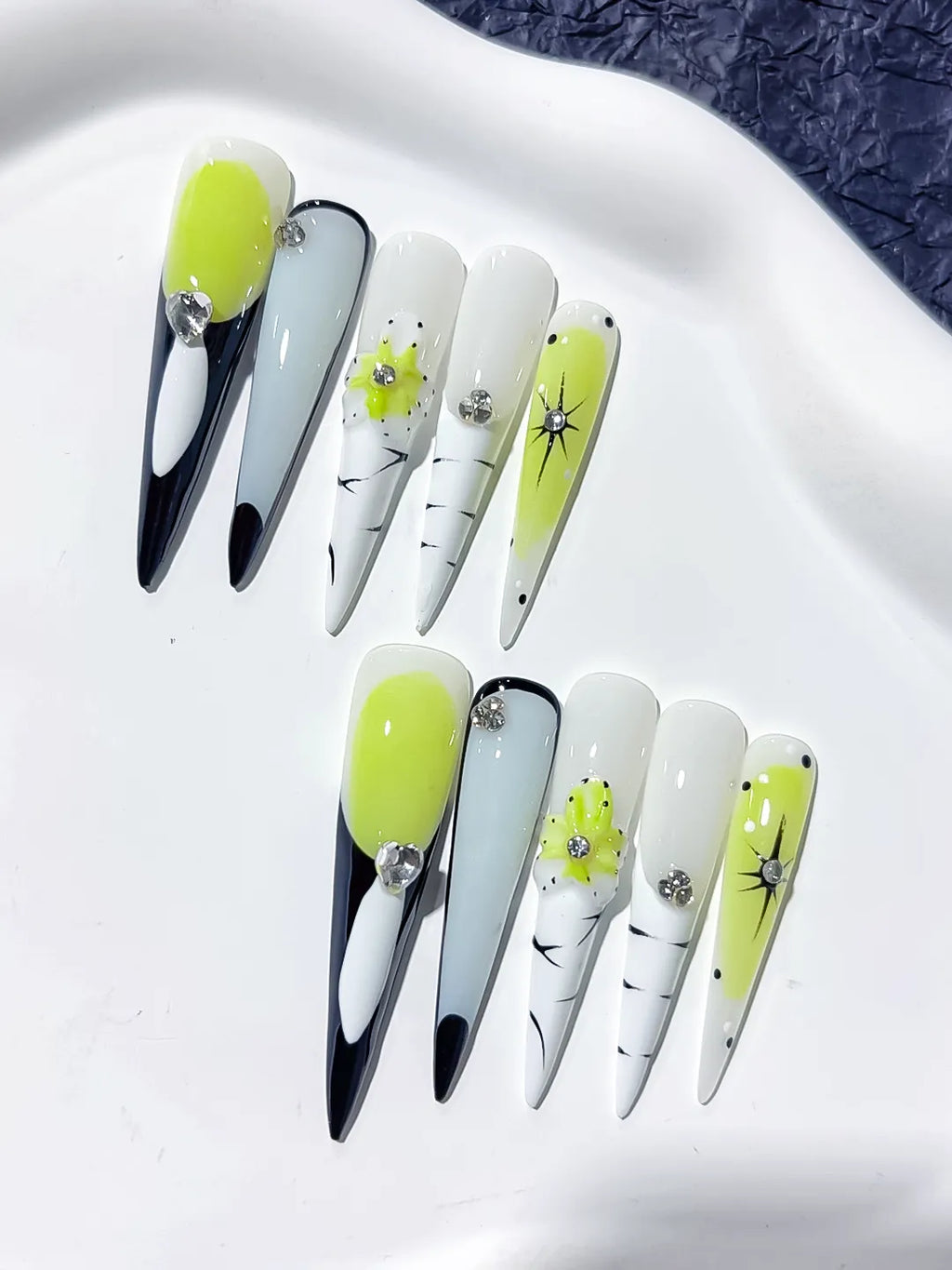 JSA26 - Long Green White Stiletto Abstract Flower Rhinestone