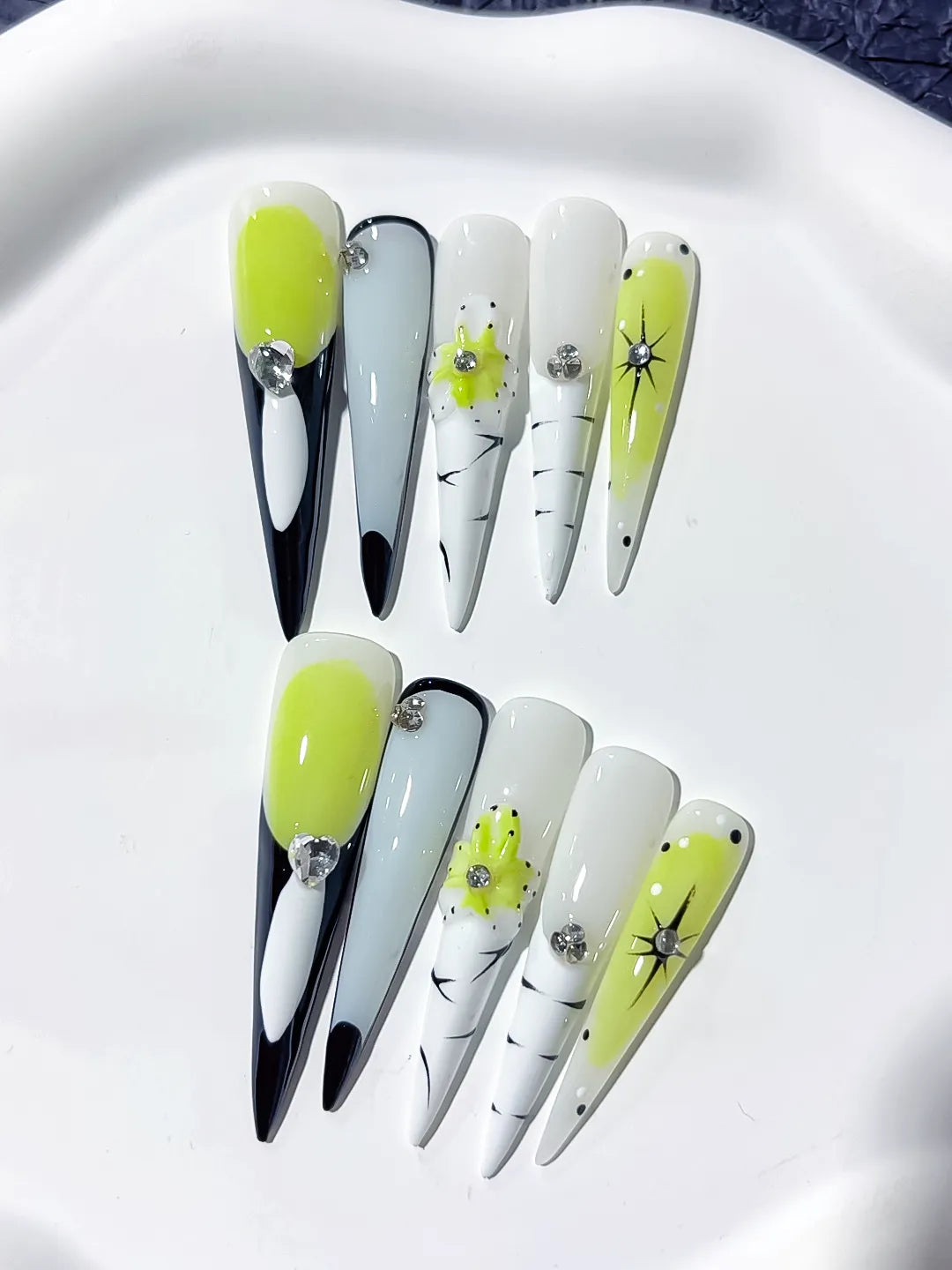 JSA26 - Long Green White Stiletto Abstract Flower Rhinestone
