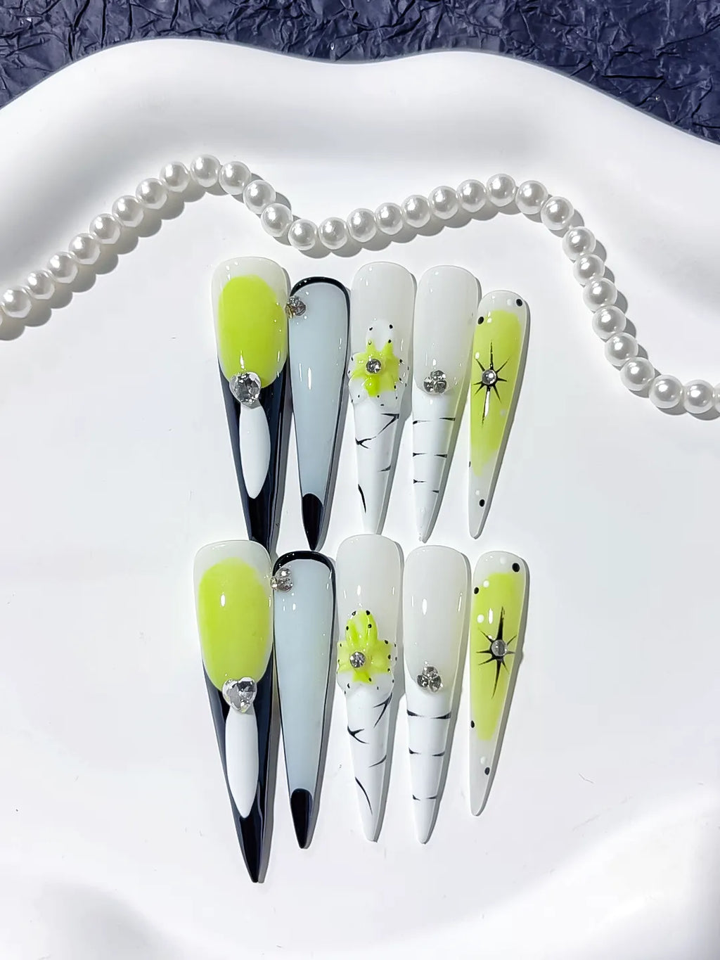 JSA26 - Long Green White Stiletto Abstract Flower Rhinestone
