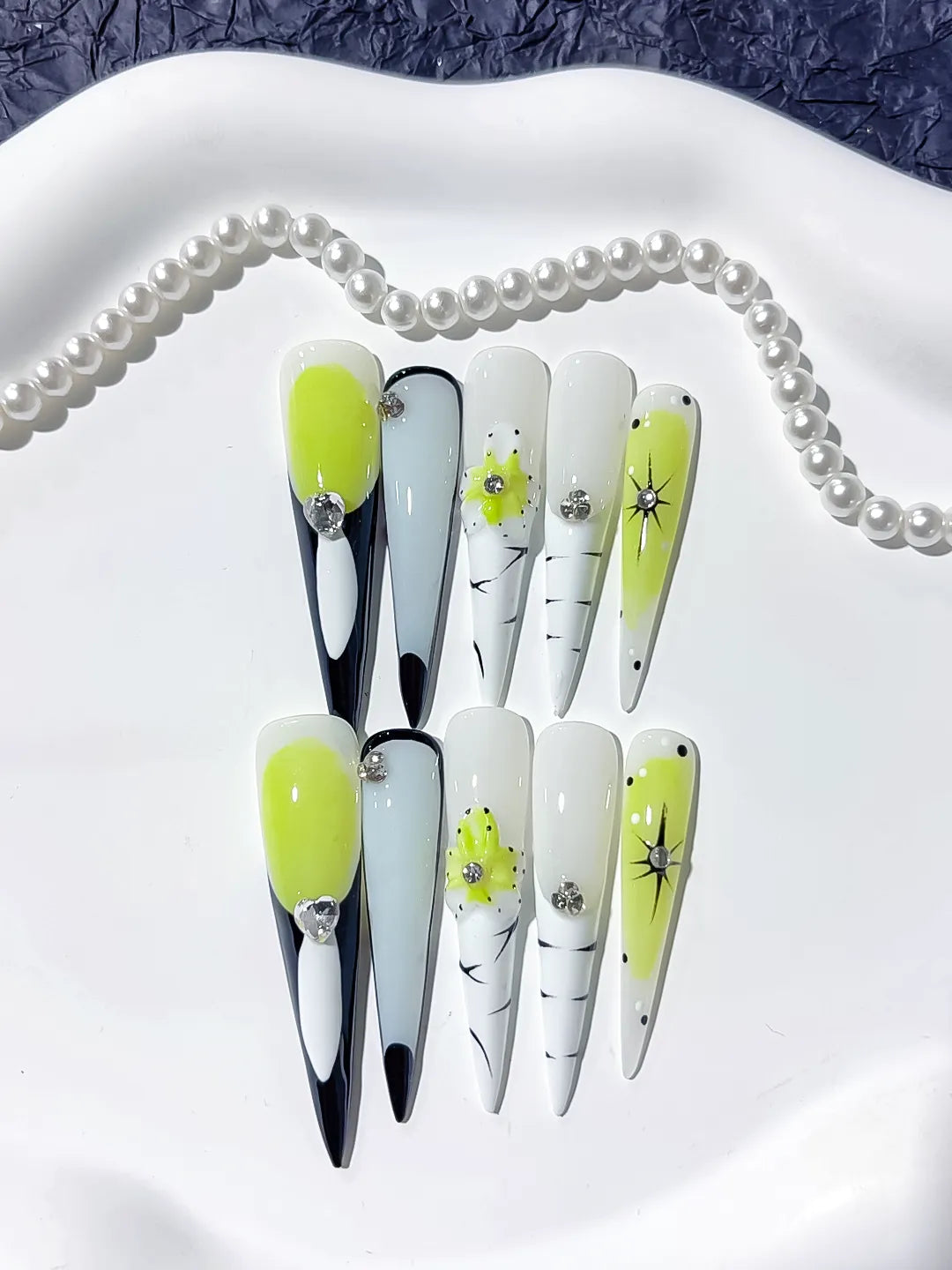 JSA26 - Long Green White Stiletto Abstract Flower Rhinestone