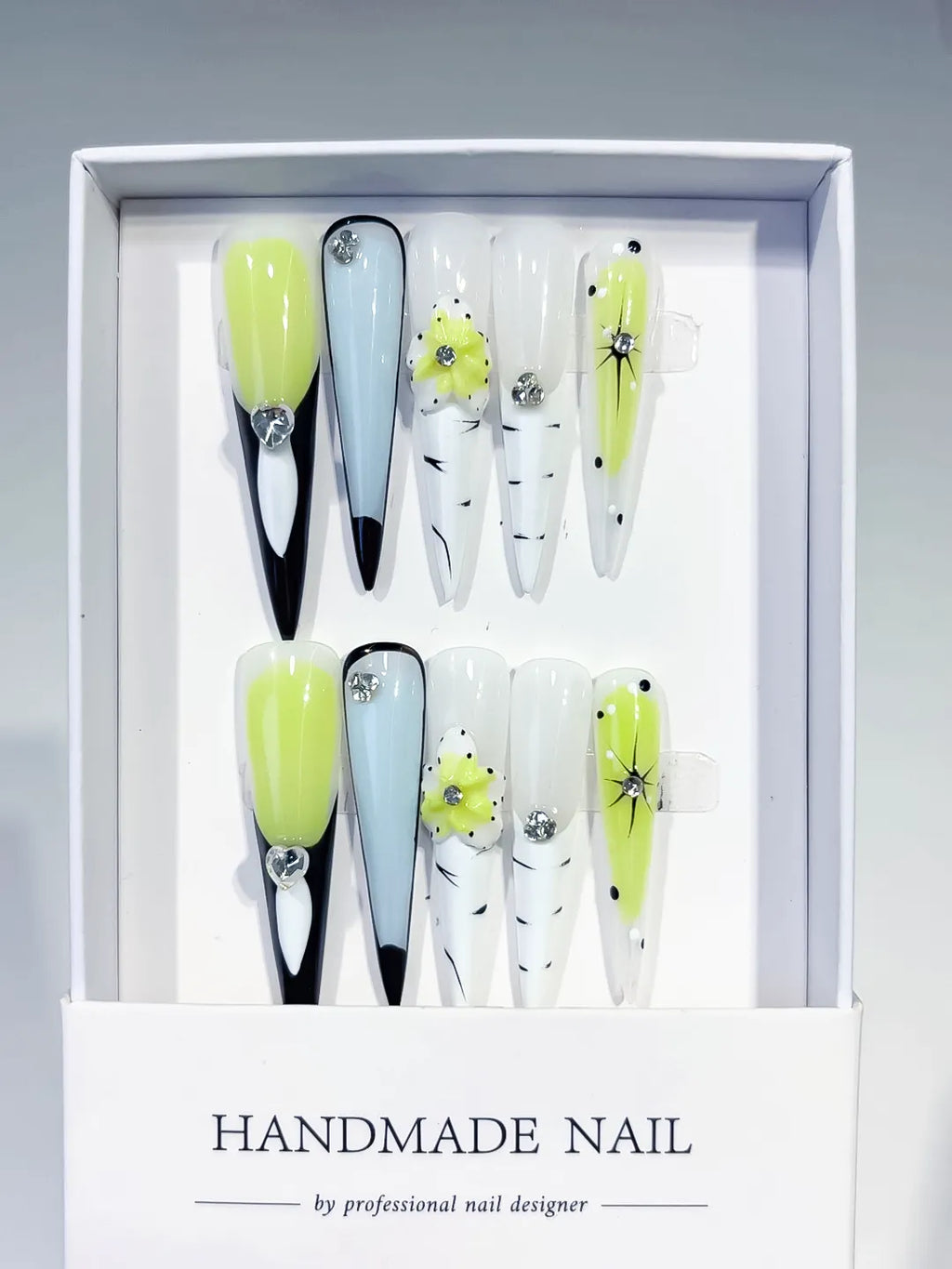 JSA26 - Long Green White Stiletto Abstract Flower Rhinestone