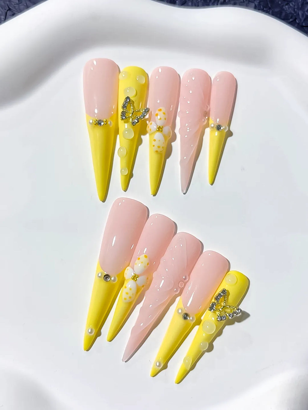 JSA27 - Long Yellow Nude Stiletto French tip Flower Butterfly